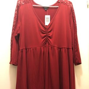 Burgundy Babydoll Top with Lace Sleeves 2X